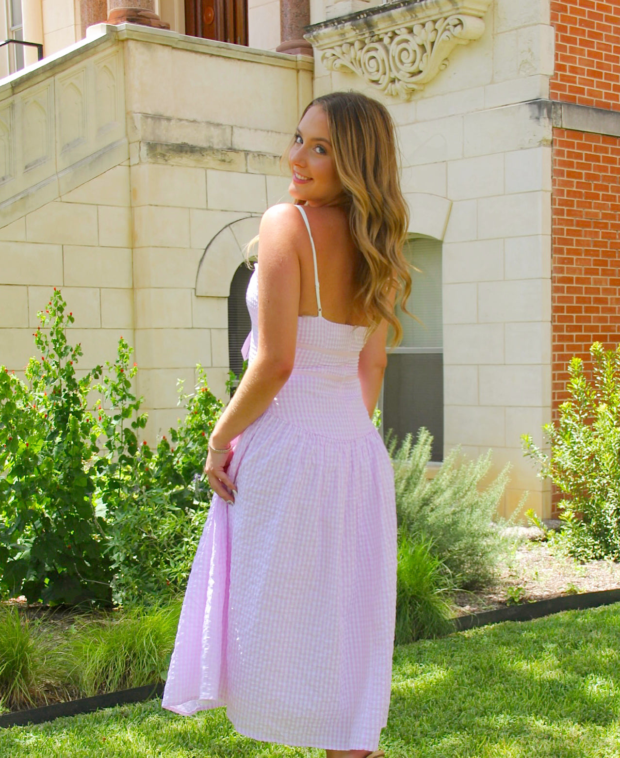 Jessie Pink Gingham Midi Dress